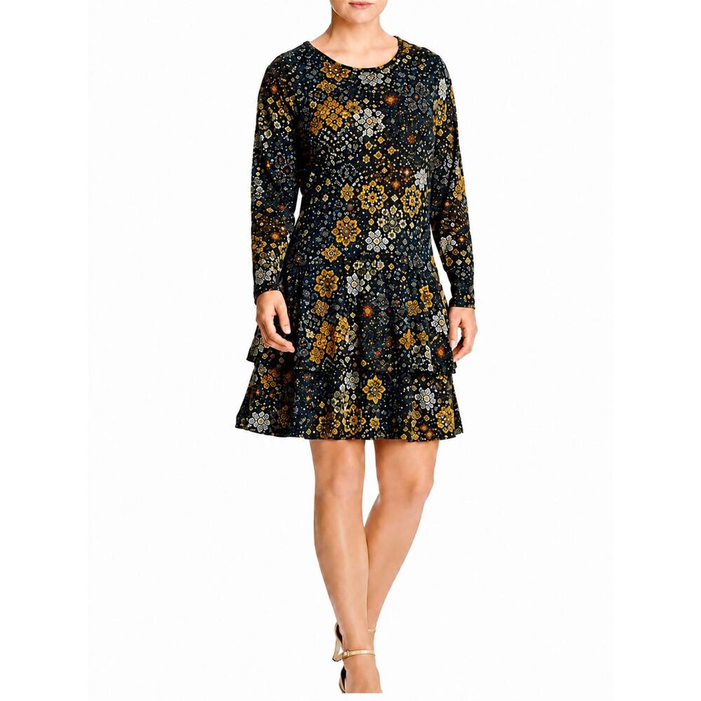 Michael Kors Navy & Gold Printed Long Sleeve Tiered Dress